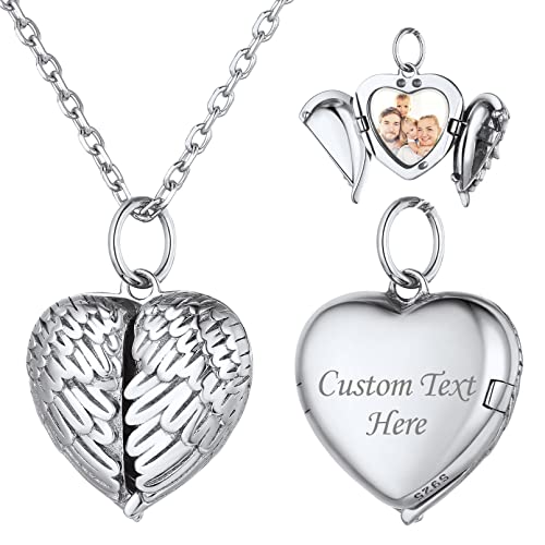 Chicsilver Personalized Love Heart Locket Necklace 925 Sterling Silver Guardian Angel Wings Pendant Necklace Custom Photo Necklace Customized Picture Necklace Memory Jewelry Gift For Women #TOP11