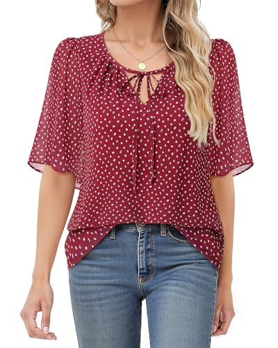 Vafoly Bluse Damen Elegant Festlich Kurzarm: Chiffon Bluse Frauen Sommer Tunika Casual Leicht V-Ausschnitt Blumen Frühling Doppellagige Boho Tunika Rot Tupfen M