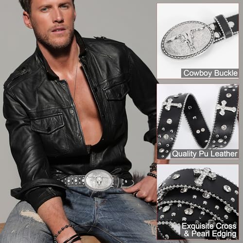 Punk & Cowboy Belts for Men & Women, PU Leather Western Punk Rock Belt with Western Bull Buckle2