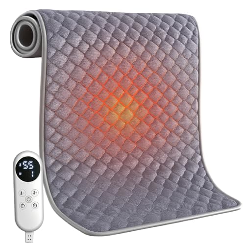 Cuscino riscaldante con spegnimento automatico, 80 x 42 cm, XXL con livelli di riscaldamento 25 – 55 °C, timer 1 – 12 H, flanella di cristallo allungata, lana di seta ispessita, grande display a LED