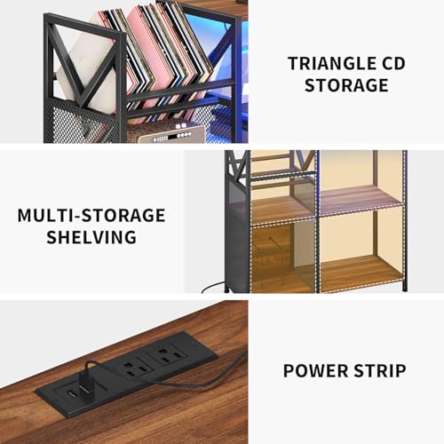 DWVO 3-Tier Vinyl Record Stand with Power Outlets & RGB LED Lights – Holds 300+ Albums, Sturdy Metal Frame Turntable Table for Living Room, Walnut Finish Media Storage Cabinet
