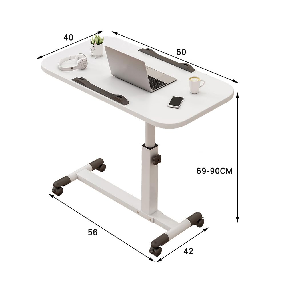 Stehpult Höhenverstellbarer mit Rollen, 60x40x90cm Faltbar Schreibtisch, Überbett pflegetisch, Platzsparend Mobile Computertische für Schlafzimmer, Büro, Wohnzimmer, Höhe 69-90cm, Weiß