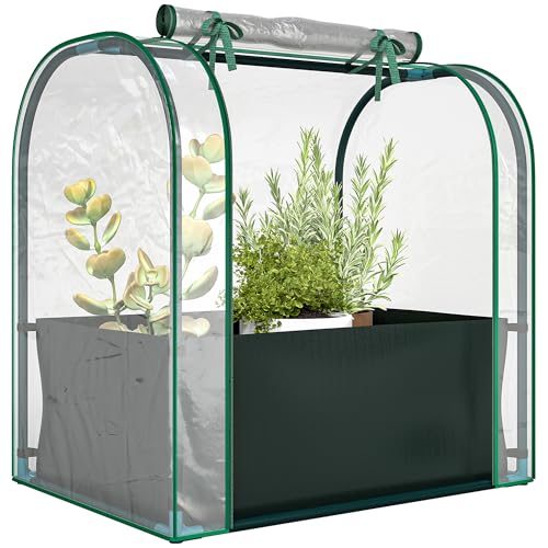 Outsunny Mini Serre de Jardin avec Sac de Plantation, Mini Serre Portable 68 x 50 x 70 cm, Porte Enroulable, pour Jardin, Balcon, Patio, terrasse, Vert foncé