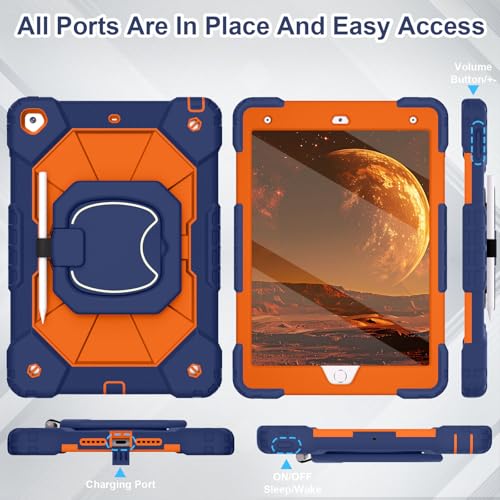 Image of WESOROL Case for iPad 9th /8th /7th Generation 10.2 Inch iPad 9th Generation Case with Screen Protector Rotating Stand Pencil Holder Heavy Duty Shockproof Cover for 9th Gen iPad Case,Navy Orange