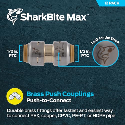 Image of SharkBite Max 1 /2 Inch Coupling, Made in the USA, Pack of 12, Push to Connect Brass Plumbing Fitting, UR008