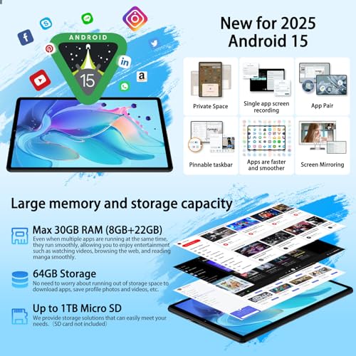 Image of 2026 Android 15 Tablet with Keyboard, 10.1 Inch Tablets FHD Display 30GB RAM 64GB ROM 1TB Expand, Octa-Core 2.0GHz, Widevine L1, 6000mAh Battery, 5G WiFi & GPS, Gemini AI, 2-in-1 Tableta PC - Black