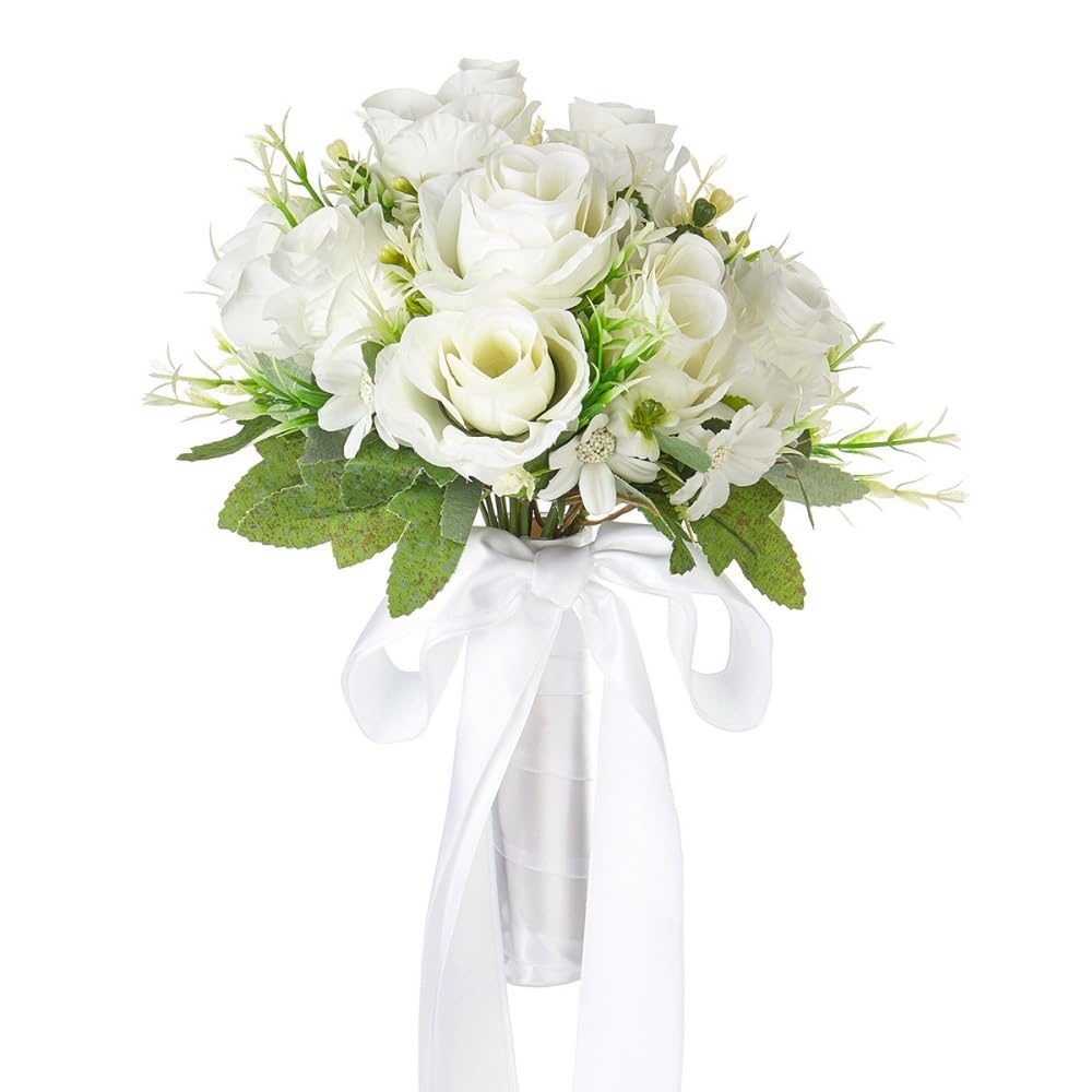 Huffa White Elegant Bride Holding Flower Bouquet - Beautiful Wedding Rose Arrangement(White)
