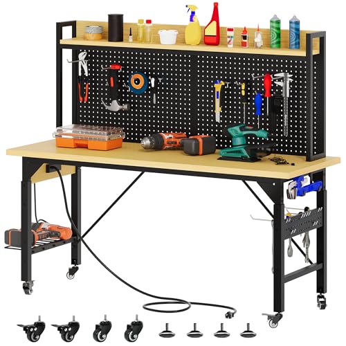 YITAHOME 60" Adjustable Workbench with Pegboard, Wheels & 1600 LB Capacity, Rolling Work Table with AC/USB Outlets, Hooks, and Rack, Heavy-Duty Work Bench for Garage, Workshop, Office, or Ho