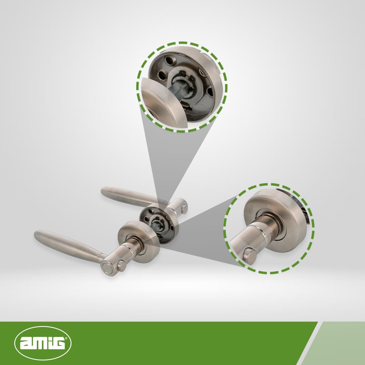 Amig - Juego de Manillas con Roseta de Acero Inoxidable, 18/8, Modelo 22R, Medida: 53 mm de diámetro, Cuadradillo de 8 mm, Con llave Allen, Incluye tornillo pasante antirrobo, Acabado: Mate