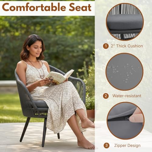 Image of DEVOKO 3 Piece Outdoor Patio Handwoven Rope Crown Shape Chair With Glass Top Side Table For Garden, Pool, Deck, Backyard, Balcony (Dark Grey & Grey), (61 X 61 X 81Cm)