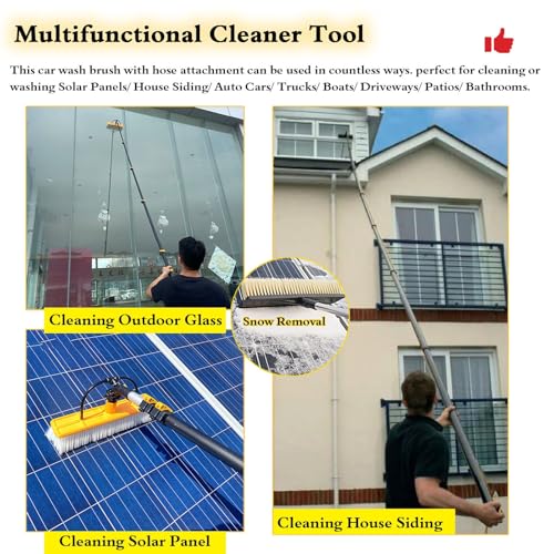 Kit de cepillo de limpieza de ventanas telescópicas, poste de la agua de la cabeza giratoria de 14 pulgadas, mango extensible de 3.6-9 pies con sistema de pulverización para paneles solares, ventanas