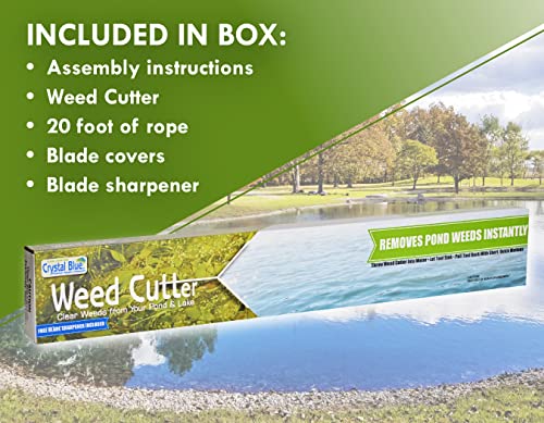 Crystal Blue Pond & Lake Weed Cutter - 42 Inch Wide Cutting Path, Includes 20 Foot Rope, Blade Sharpener & Safety Gloves - Remove Common Pond Weeds, Chara, Lilly Pads, Small Leaf & More #TOP3