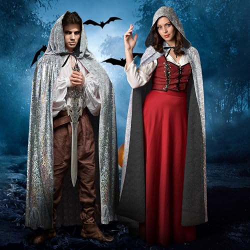 AYBUY Silber Umhang, Vampir Umhang mit Kapuze Lange Cape, Vampir Kostüm, Umhang Mittelalter für Halloween Weihnachten Karneval Kostüm, 150cm