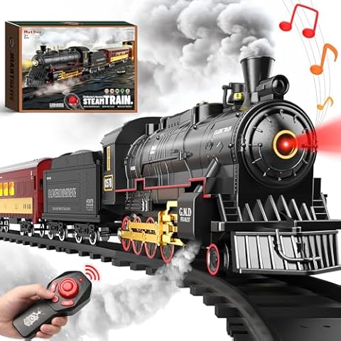 Hot Bee Train Set for Boys,Remote Control Christmas Train Sets w/Steam Locomotive,Light Passenger Cars & Tracks,Trains Toys w/Smoke,Whistle & Lights,Christmas Toys Gifts for 3 4 5 6 7 8+ Year Old Kids Cover