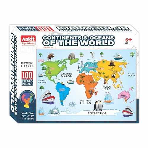 Image of Ankit Toys & Games 100-Piece Jigsaw Puzzles for Kids Ages 6+, Educational and Engaging Geography Puzzle with Vibrant Map Learning (Continents & Oceans Explore The World)