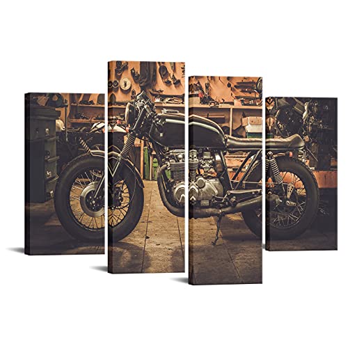 LevvArts 4 Piece Vintage Canvas Wall Art Racing Motorcycle in Garage Poster Print on Canvas for Living Room Decoration Stretched And Ready to Hang Large Size 48x32inch