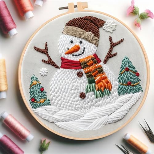 Image of Huacan Embroidery Kit for Beginners Adults, Easy Needlepoint Kits for Adults with Stamped Embroidery Patterns. (Snowman)