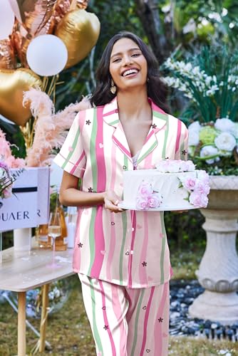 Image of Ekouaer 2 Piece Satin Short Sleeve Pajamas Set Button Down Sleepwear | Soft Pjs Set Classic Loungewear for Wedding, Party, Home, Daily Wear, Date Nights