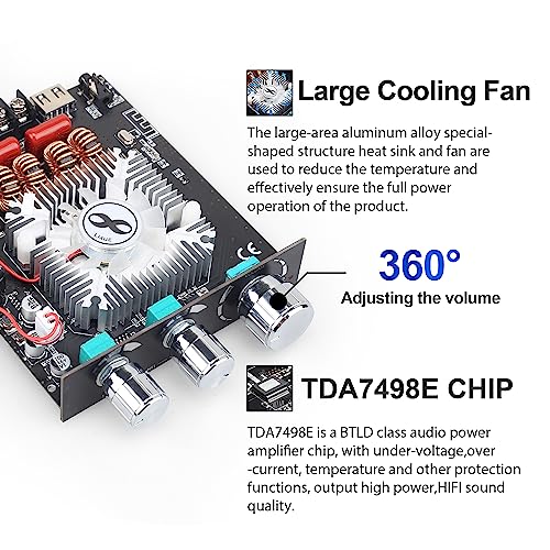 Image of 160W+160W Amplifier Board with Treble and Bass Control, DC 12-36V, BT and AUX Inputs, 2.0 Channel Stereo AMP Board for DIY Wireless Speakers(T160HS (Back)