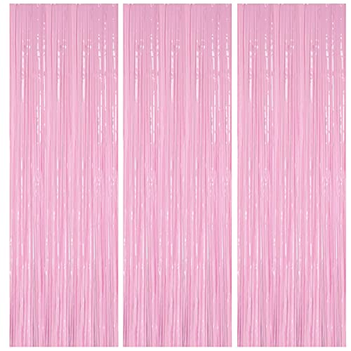 3Pc 1m*2m Macaron Pink Foil Curtain Door Curtain,Metallic Tinsel Curtains Party Backdrop Curtain Shimmer Curtain,Fringe Backdrop Hanging Streamer for Halloween Xmas Wedding Party Frozen Birthday