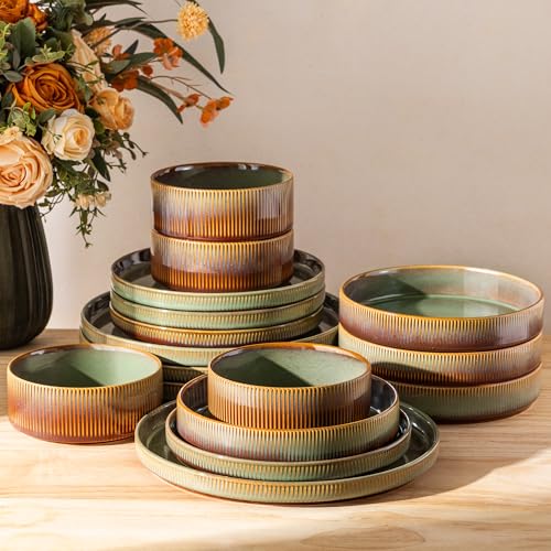Image of TheTerra Ceramic Dinnerware Sets for 4, 16 Pieces Porcelain Lightweight Plates and Bowls Sets, Scratch Resistant Dish Set, Oven & Microwave & Dishwasher Safe, Sage Umber