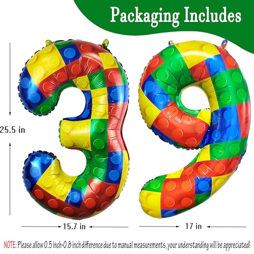 Image of 32 Inch Building Block Number 39 Balloons birthday Block Themed Large Big Helium Foil Mylar Balloon for Girls Boys Birthday Party Decoration Supplies