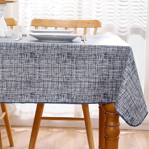 Image of Heavy Duty Vinyl Tablecloth with Flannel Backing Waterproof Oil-Proof Plastic Table Cloth Stain-Resistant Wipeable Rectangle or Square Table Cover for Indoor and Outdoor (Blue Striped,54x54 Inch)
