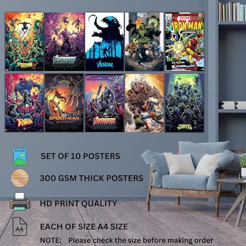 Image of Paper Anime Posters, Set of 10 Mix| posters for wall, Self Adhesive, A4 Size |Anime Posters For Gaming Room, Various Anime characters (Superhero A4 2)