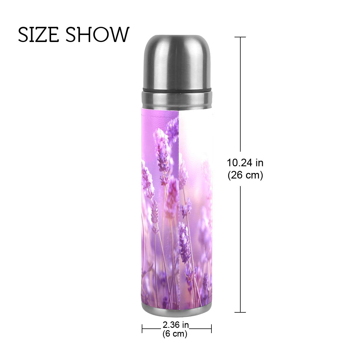 Taza de viaje con aislamiento al vacío, de acero inoxidable, con doble pared, a prueba de fugas, en campo de lavanda, personalizable, de piel auténtica, 500 ml