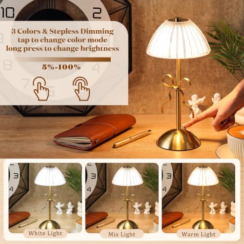 Image of Liliful 2 Pcs Cordless Table Lamp Rechargeable Touch LED Small Gold Portable Battery Operated USB-c Desk Lamp 3 Color Dimmable for Bedroom Living Room Dining (Gold,Mushroom Style Bow)