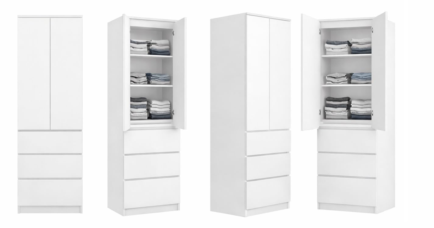 BDW - Schmaler Schrank - Kleiderschrank mit Schubladen - 50 cm breit, 180,5 cm hoch - Aufbewahrungsschrank, Allzweckschrank Schlafzimmer, Flur, Kinderzimmer - Donald Weiß