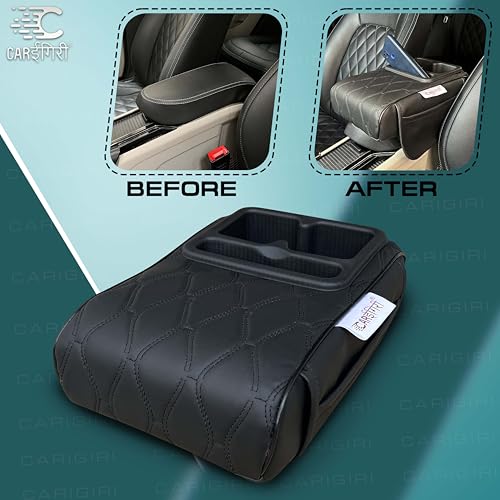 Image of Carigiri Nappa Leatherette,Foam ComfiRest Pro Car Armrest Cushion with Cup Holder| Arm Cushion| Universal for All Cars| Armrest with Mobile Holder (Black,Utility Pockets,Dual Cup Holder,Mobile Holder)
