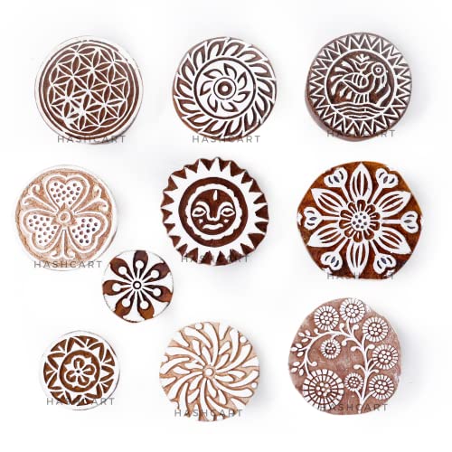 Image of Hashcart | Set of 10 | Handcarved Round Shape Multi Floral Design Blocks for Scrapbooking | Wooden Stamps for Project Designing | Henna | Clay | Pottery Craft | Tattoo | Project Making