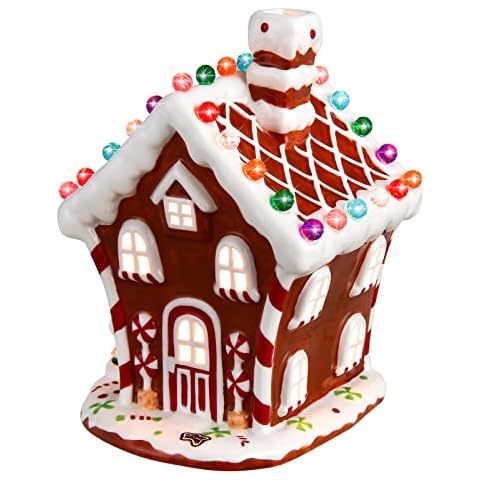 Goplus 10" Ceramic Christmas House, Pre-Lit Tabletop Christmas Village Decoration, Hand-Painted House w/Warm White LED Light, Mini House Ornament for Home, Office, Shop (Red + White + Green) Cover