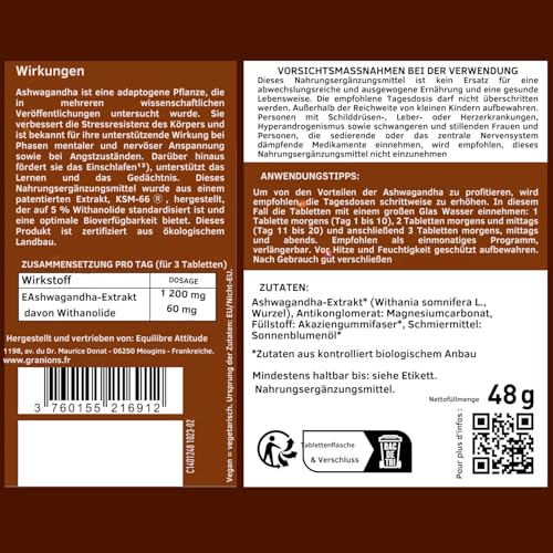 Ashwagandha Kapseln KSM-66 hochdosiert 1200 mg – 60 Tabletten – Natürlicher Stressabbau & cortisol senken – Unterstützt Schlaf, Energie & Nerven – Anti-Stress Nahrungsergänzung - GRANIONS