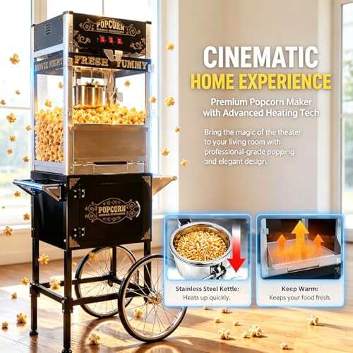 Image of 20 OZ Commercial Popcorn Machine with Cart - Stainless Steel Kettle Popper with Wheels, Warming Deck & Tempered Glass, for Business, School, Corporate, Theater, Home Use, Black