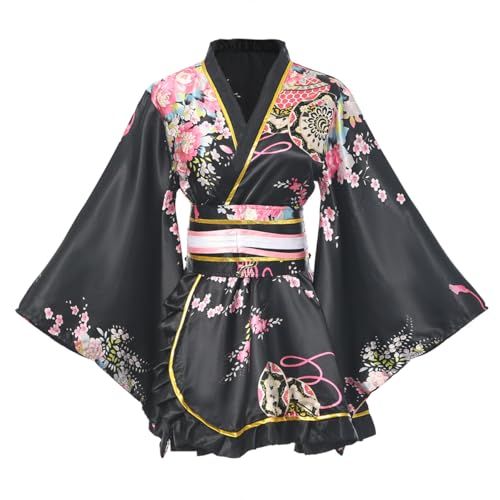 BPURB Kimono-Kostüm japanisches traditionelles Geisha-Yukata-Cosplay Damen sexy Kirschblüten Bademantel Nachtwäsche mit Obi-Gürtel, Schwarz, M