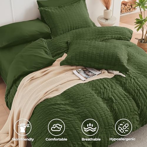 Image of HYMOKEGE Olive Green Full Size Comforter Sets Seersucker 7 Pieces, All Season Luxury Bed in a Bag for Bedroom, Bedding Set with Comforter, Sheets, Pillowcases & Shams
