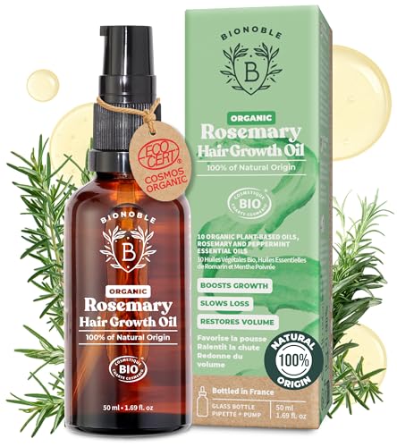 BIONOBLE Organic Rosemary Oil for Hair Growth - Slows Loss, Restores Volume - Rosemary Hair Oil with Argan, Jojoba & Castor Oil - 100% Natural & Vegan - Glass Bottle, Dropper + Pump - 50ml