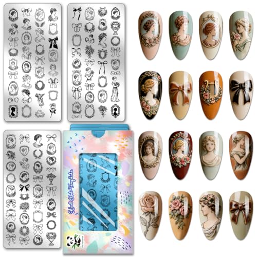 PH PandaHall 3pcs Medieval Nail Stamping Plates, Vintage Sculpted Figures Nail Art Templates Women Portraits Stainless Steel Image Plate Stencils for DIY Print Manicures Salon Design
