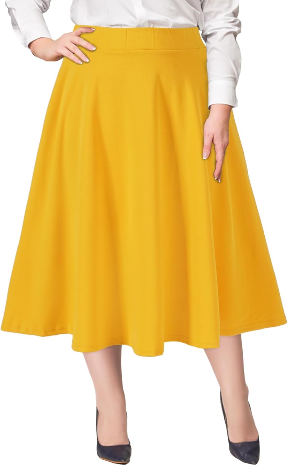 Moon Wood Women's Plus Size Midi Skirt High Elastic Waist A-Line Flared Skater Skirts with Pockets