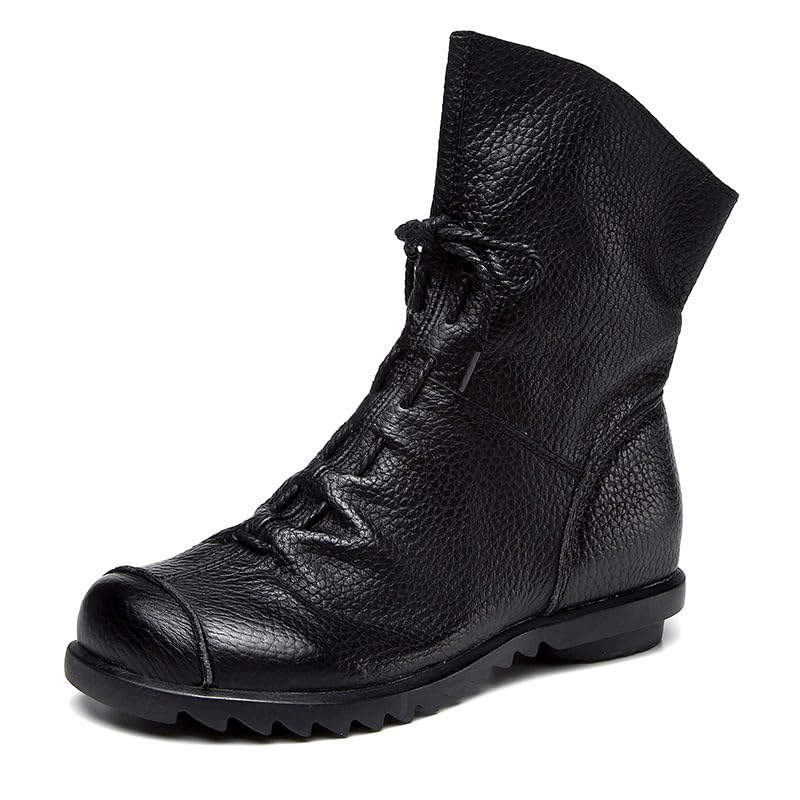 Genuine Leather Boots for Women No Heel Boho Side Zip Casual Soft Flat Booties Ankle Medieval Boots Women