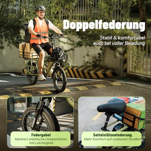 Fafrees FF20CUV, Longtail E-Bike 20 * 3.0 Zoll, E-Lastenrad 250W 25km/h, ebike Damen 12Ah*2 Akku, E-Fahrrad 75N.m Reichweite 100-140km, Tragkraft 200kg – Bild 5