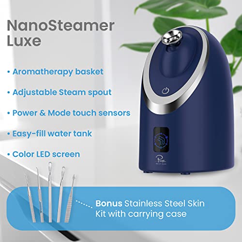 Image of NanoSteamer Luxe by Pure Daily Care in Navy | Ionic Facial Steamer with Smart Steam Technology | 6 Steam Modes | Aromatherapy Basket | Digital LCD Screen | Hot Steam & Cool Mist l Extraction Set