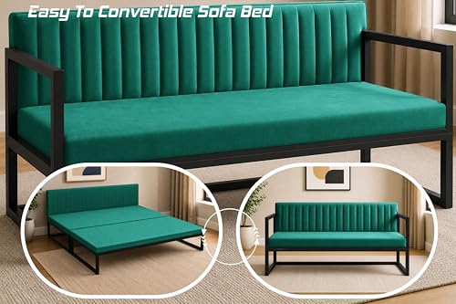 Image of Metal Sofa Cum Bed for Living Room | Modern Industrial Design Metal Frame 3 Seater Sofa Bed for Home, Office & Lounge-Green