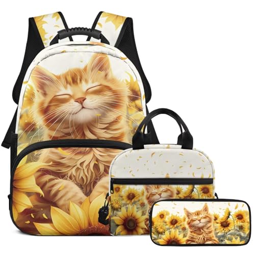 HUGS IDEA Sunflower Orange Cat Backpack for Girls 4-6 with Lunchbox Cute Cat School Bags for Toddler Girls 3 Packs Backpack with Lunch Box Bag Pencil Case Kids Outdoor Sports Travle Bag2