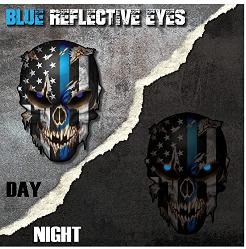 Image of Blue Line Skull Decal Sticker with Reflective Eyes Thin Stripe I Support Police Vinyl Bumper Graphic Black White Emblem for Car Truck Vehicle
