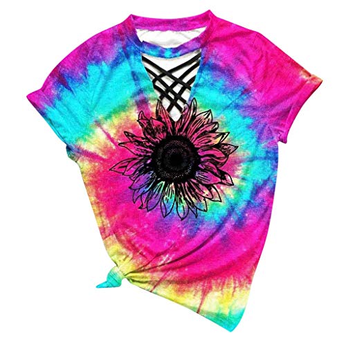 Short Sleeve Tie Dye Shirts Best Mom Ever Shirts Sunflower Graphic Bandage Strap Neck V Neck Casual T Shirt Tops