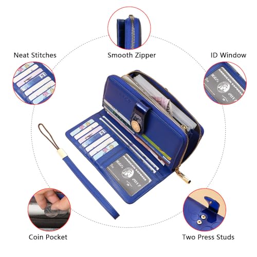 Ladies' fashionable leather wallet, large capacity with multiple card slots, zipper and snap closure, RFID shielded credit card holder for protection, long wallet with wrist strap (Blue)4