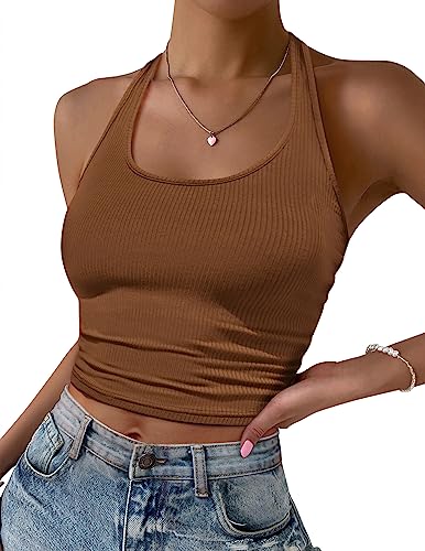 Image of Ekouaer Women Halter Top Backless Scroop Neck Slim Stretchy Ribbed Knit Camisole Crop Tops S-XXL